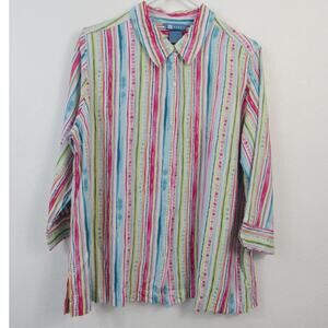 Koret XL Women's Rainbow Striped Button Up Blouse Top Linen Blend 3/4 Sleeves